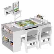 TLSUNNY Kids Art Table and 2 Chairs Set, Toddler Activity Desk with Storage Bins, Paper Roll, Paint Cups, Wooden Craft Table and Chairs Set for Boys & Girls