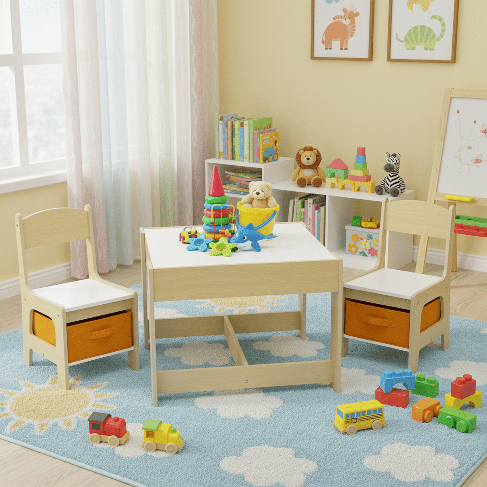 TLSUNNY Kids Table and 2 Chairs, 4-in-1 Toddler Activity Set with Blackboard, Reversible Desk & Storage Organization, for Age 3 +