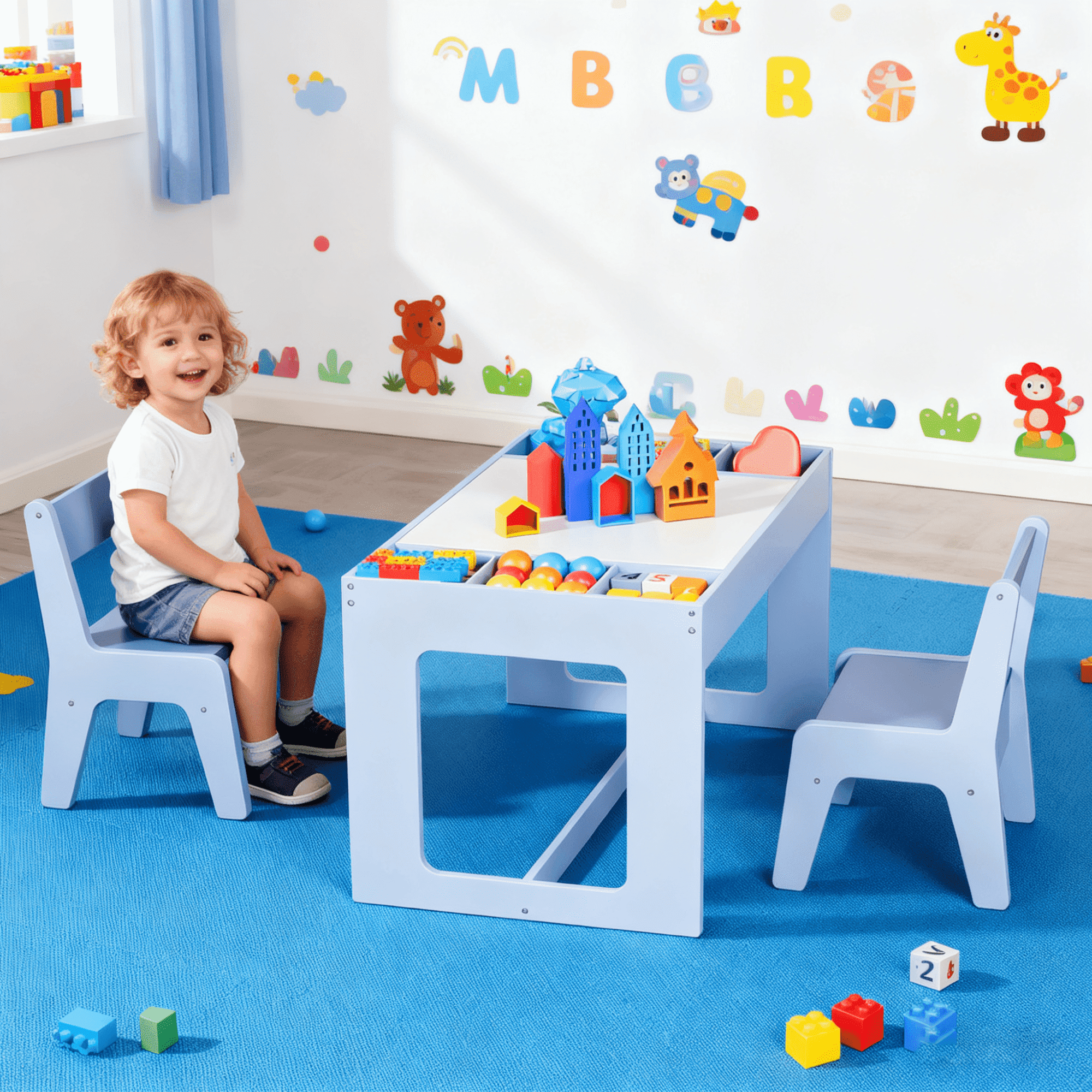 TLSUNNY Kids Table and Chairs with Storage, Wooden Activity Desk, w ...
