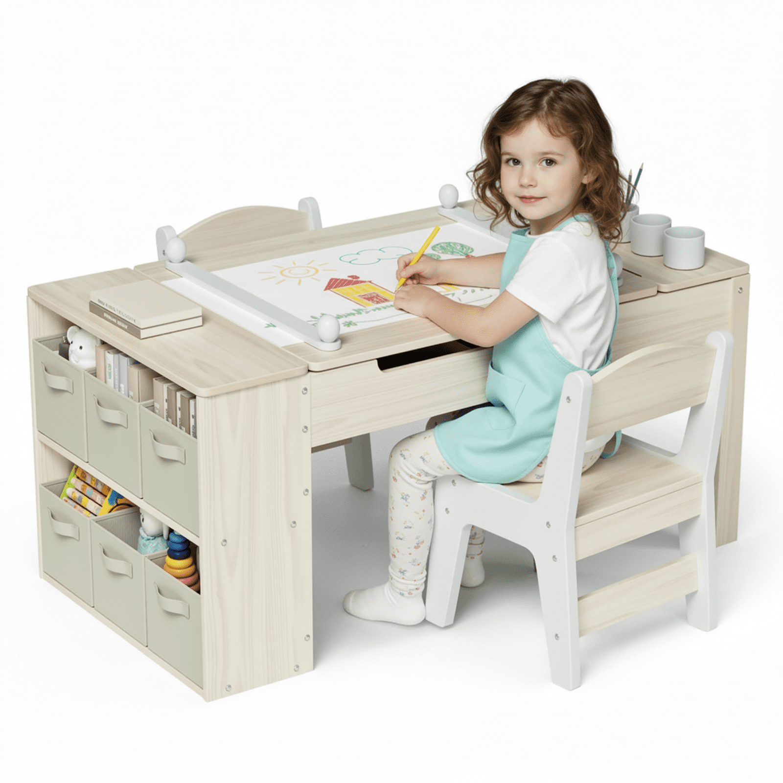 TLSUNNY Kids Art Table and 2 Chairs Set, Toddler Activity Desk with Storage Bins, Paper Roll, Paint Cups, Wooden Craft Table and Chairs Set for Boys & Girls