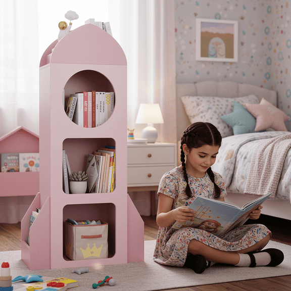 TLSUNNY Kids Bookshelf and Toy storage, 3 Tier Rocket Book Shelf with Side shelves, for Playroom, Bedroom, Nursery, School