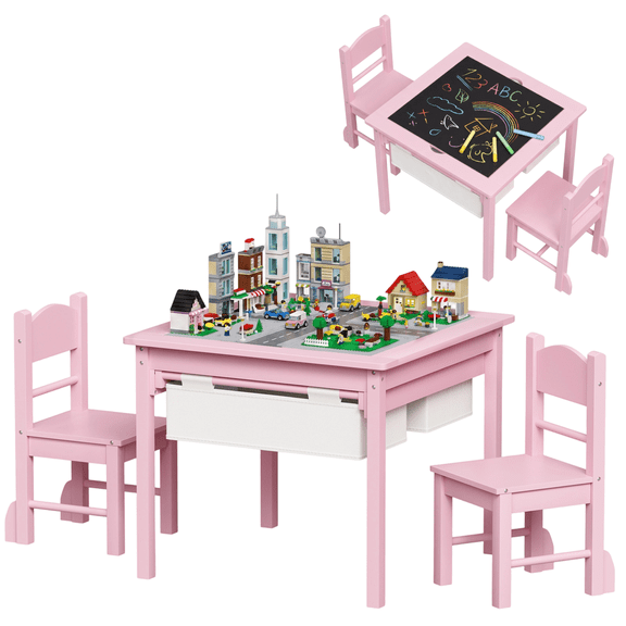 TLSUNNY Kids Building Block Play Table, Wooden Kids Activity Table Set with Chalkboard and Pull-Out Fabric Drawer, for Bricks Drawing Reading Dining