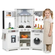 TLSUNNY Kids Corner Play Kitchen, Wooden Pretend Kitchen Playset W/ Washer, Range Hood W/ Lights & Sound, Stove, Ice Maker, Coffee Maker, Cutting Board, Gift for Boys Girls