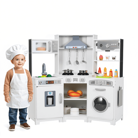 TLSUNNY Kids Corner Play Kitchen, Pretend Kitchen Playset w/ Realistic Lights & Sounds, Washer, Water Dispenser,Cutting Board, Wooden Pretend Play Gift for Boys Girls 3+