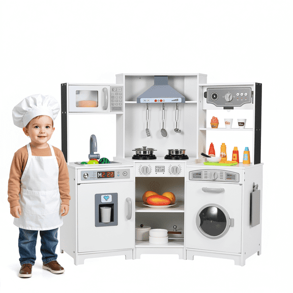 TLSUNNY Kids Corner Play Kitchen, Pretend Kitchen Playset w/ Realistic Lights & Sounds, Washer, Water Dispenser,Cutting Board, Wooden Pretend Play Gift for Boys Girls 3+
