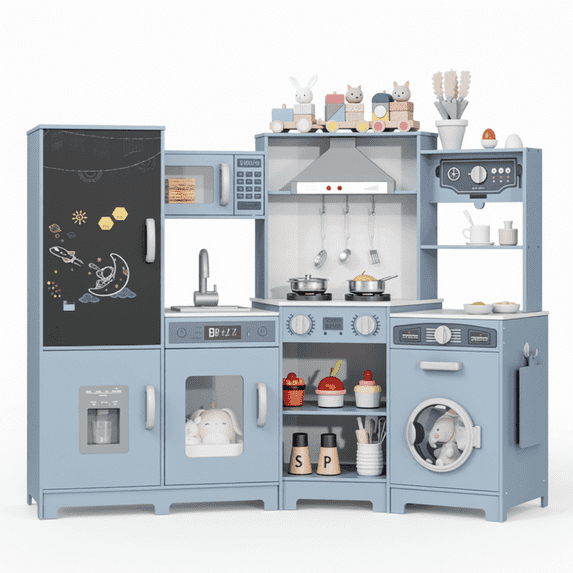 TLSUNNY Kids Corner Play Kitchen Set, w/ Realistic Light and Sound, Chalk Board, Sink & Washing Machine, Ice Maker, Gift for Toddlers