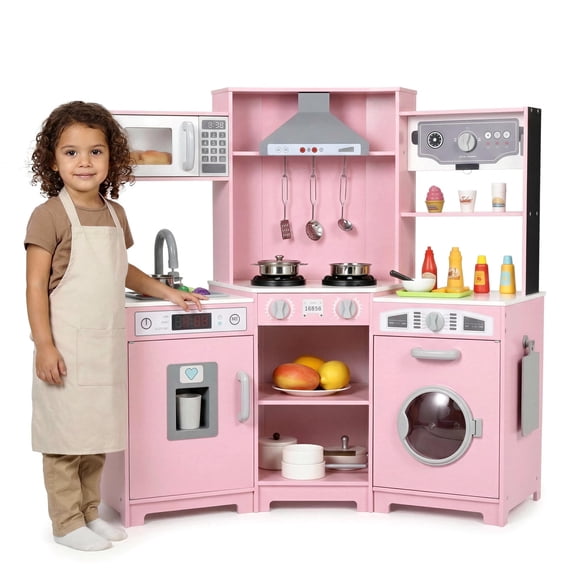 TLSUNNY Kids Corner Play Kitchen, Wooden Pretend Playset W/ Microwave, Range Hood with Lights & Sound, Sink, Ice Maker, Gift for Toddlers