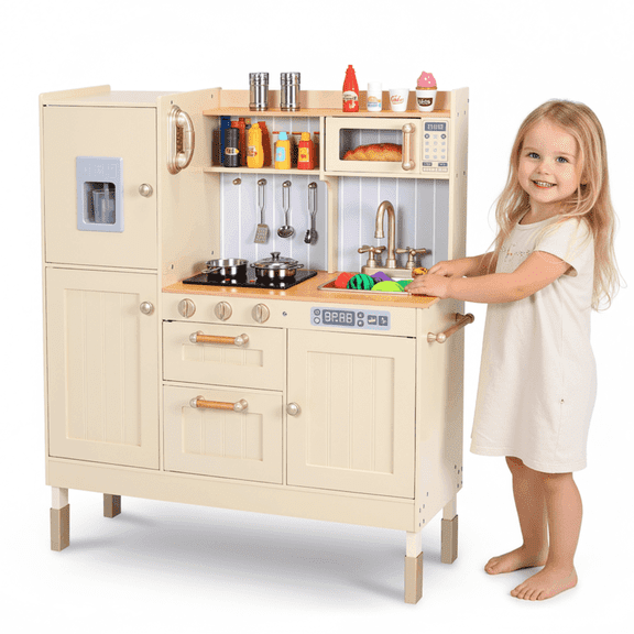TLSUNNY Kids Play Kitchen, Wooden Kitchen Playset w/ Realistic Light & Sound and Cooking Accessories, for Toddlers