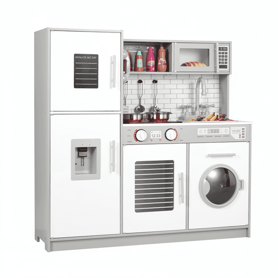 TLSUNNY Kids Play Kitchen, Wooden Pretend Kitchen Toy Set with Lights & Sounds, Range Hood, Telephone & Sink, for Toddlers 3+