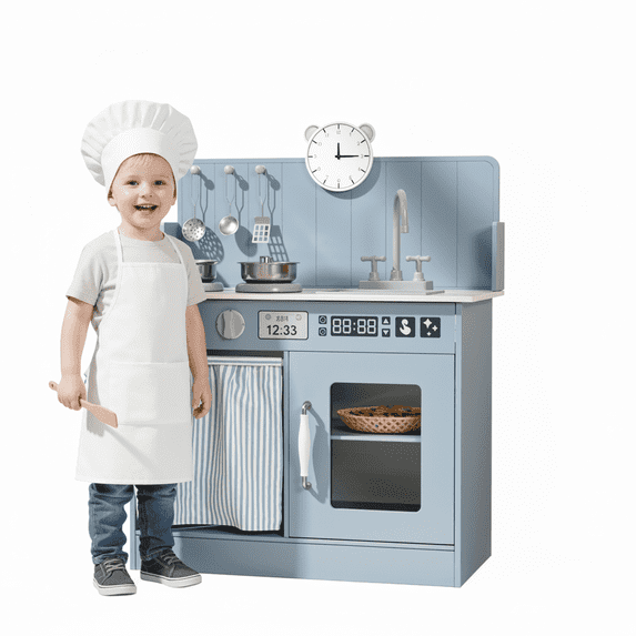 TLSUNNY Kids Kitchen Playset, Wooden Toy Kitchen with Hooks, Shelves, Knobs, Sink, Oven & 5pcs Cookware for Ages 3+