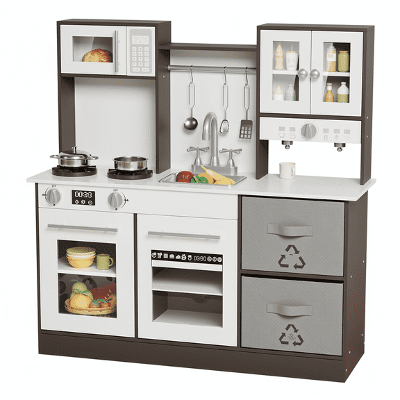 TLSUNNY Kids Play Kitchen, Wooden Pretend Play Kitchen Set w/ Light & Sounds, Sink, 2 Fabric Boxes, Birthday, Festival Gift for Boys & Girls 3+