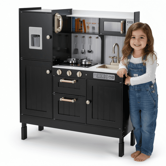 TLSUNNY Kids Pretend Play Kitchen, Wooden Cooking Playset with Light & Sound, Removable Sink, Phone & Water Dispenser, Learning Gift for 3+, Black