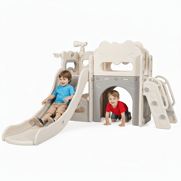 TLSUNNY Kids Slide Climber Set with Telescope, Basketball Hoop & Tunnel, Indoor Outdoor Toddler Playset