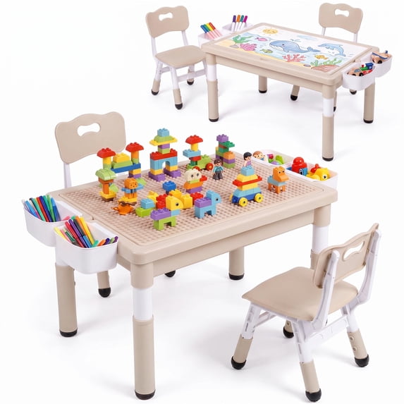 TLSUNNY Kids Table and 2 Chairs Set, Height Adjustable Toddler Activity Lego Table W/ Large Storage & Double-Sided Graffiti/Block Building Table Top, 4 Drawers for Home, Preschool, Classroom