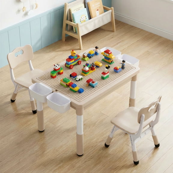 TLSUNNY Kids Table and 2 Chairs Set, Height Adjustable Toddler Activity Lego Table W/ Large Storage & Double-Sided Graffiti/Block Building Table Top, 4 Drawers for Home, Preschool, Classroom