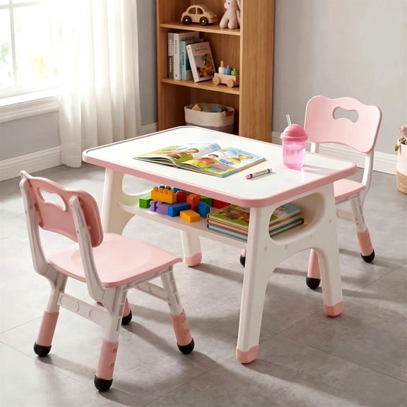 TLSUNNY Kids Table and 2 Chairs Set, Toddler Activity Table with Large Storage, Graffiti Desktop, Adjustable Height Chair with Anti-Slip Foot Covers, for Reading, Drawing, Snack Time