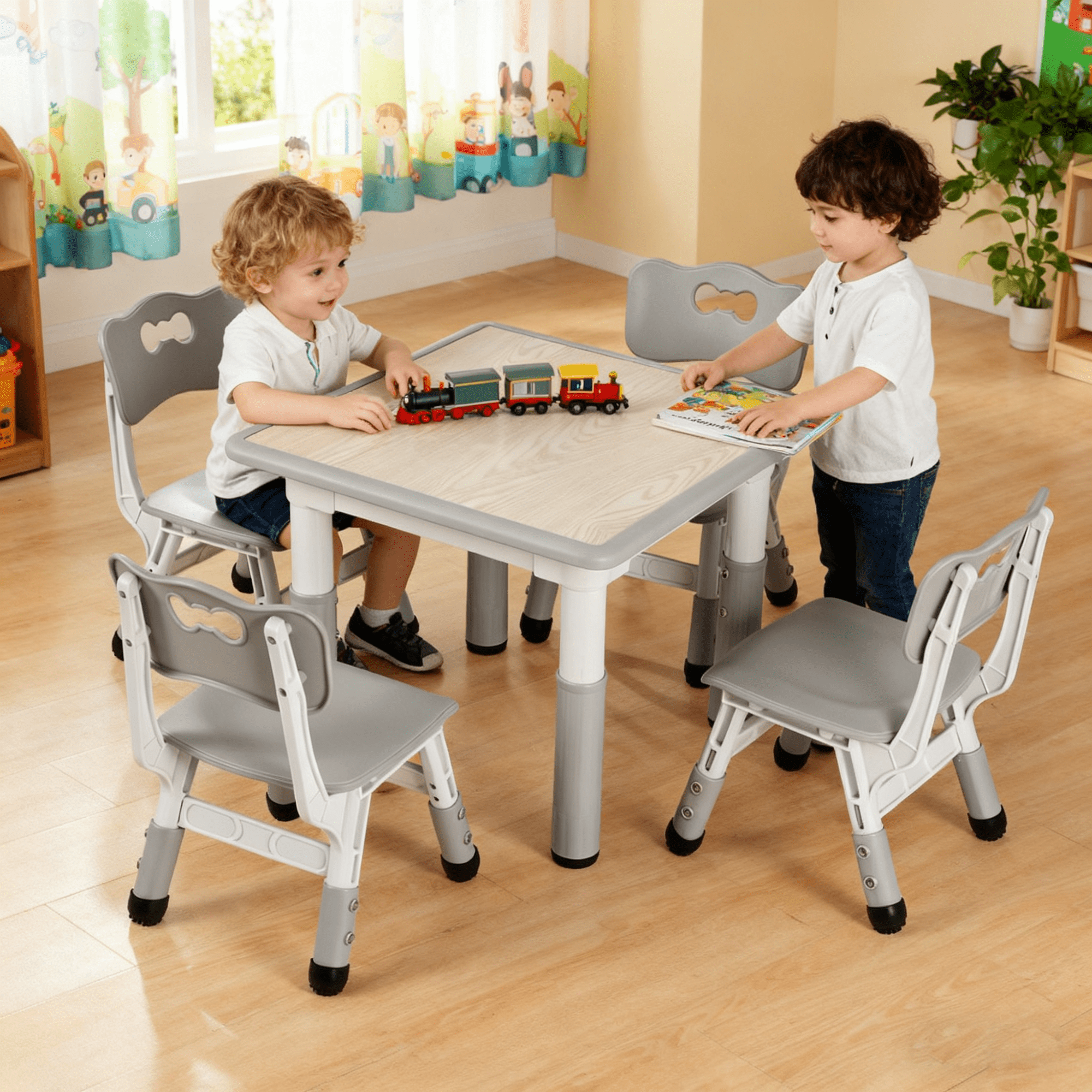 TLSUNNY Kids Table & 4 Chairs Set, Height Adjustable Children Activity Table Set for Ages 2-10, Gray
