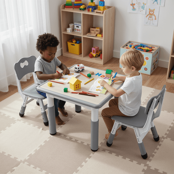 TLSUNNY Kids Table and 2 Chairs Set, Height Adjustable Toddler Play Activity Table Set with Graffiti Desktop, for Playroom, Daycare