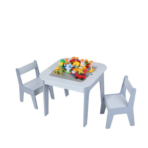 TLSUNNY Kids Table and 2 Chairs Set with Storage, Toddler Activity Table Set, Blackboard, Whiteboard & Building Blocks Tabletop, for Kids Ages 3+