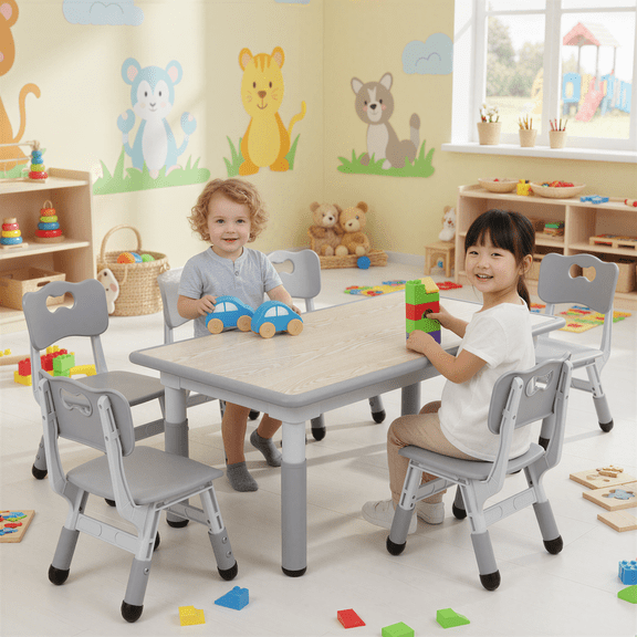 TLSUNNY Kids Table and 6 Chairs Set, Height Adjustable, Preschool Activity Table with Graffiti Top for Daycare Classroom, Ages 3-12, Gray