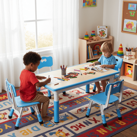 TLSUNNY Kids Table and 4 Chairs, Adjustable Height Childrens Activity Set with Graffiti Desktop & Anti-Slip Legs, for Daycare Classroom Home