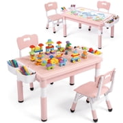 TLSUNNY Kids Table and Chairs Set, W/ Drawers, Graffiti & Building Blocks Double-Sided Tabletop, Toddler Activity Desk Set for Nursery, Home
