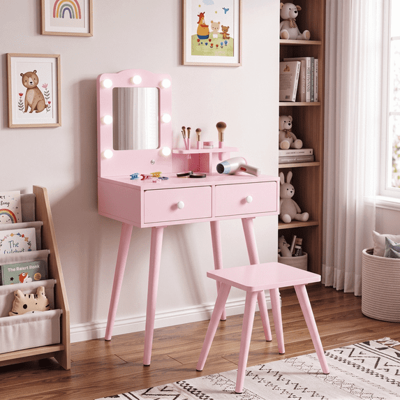TLSUNNY Kids Vanity Set with Lights & Mirror, Wooden Princess Makeup Desk Set with Storage Drawers, Gift for Girls