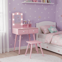 TLSUNNY Kids Vanity Table and Stool Set, w/ Lights & Mirror, Wooden Princess Makeup Desk Set with Storage Drawers, for Girls