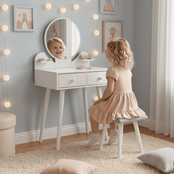 TLSUNNY Kids Vanity Table and Stool Set, Toddler Wooden Makeup Desk with Mirror, Drawers, Shelves, for Girls Age 3+