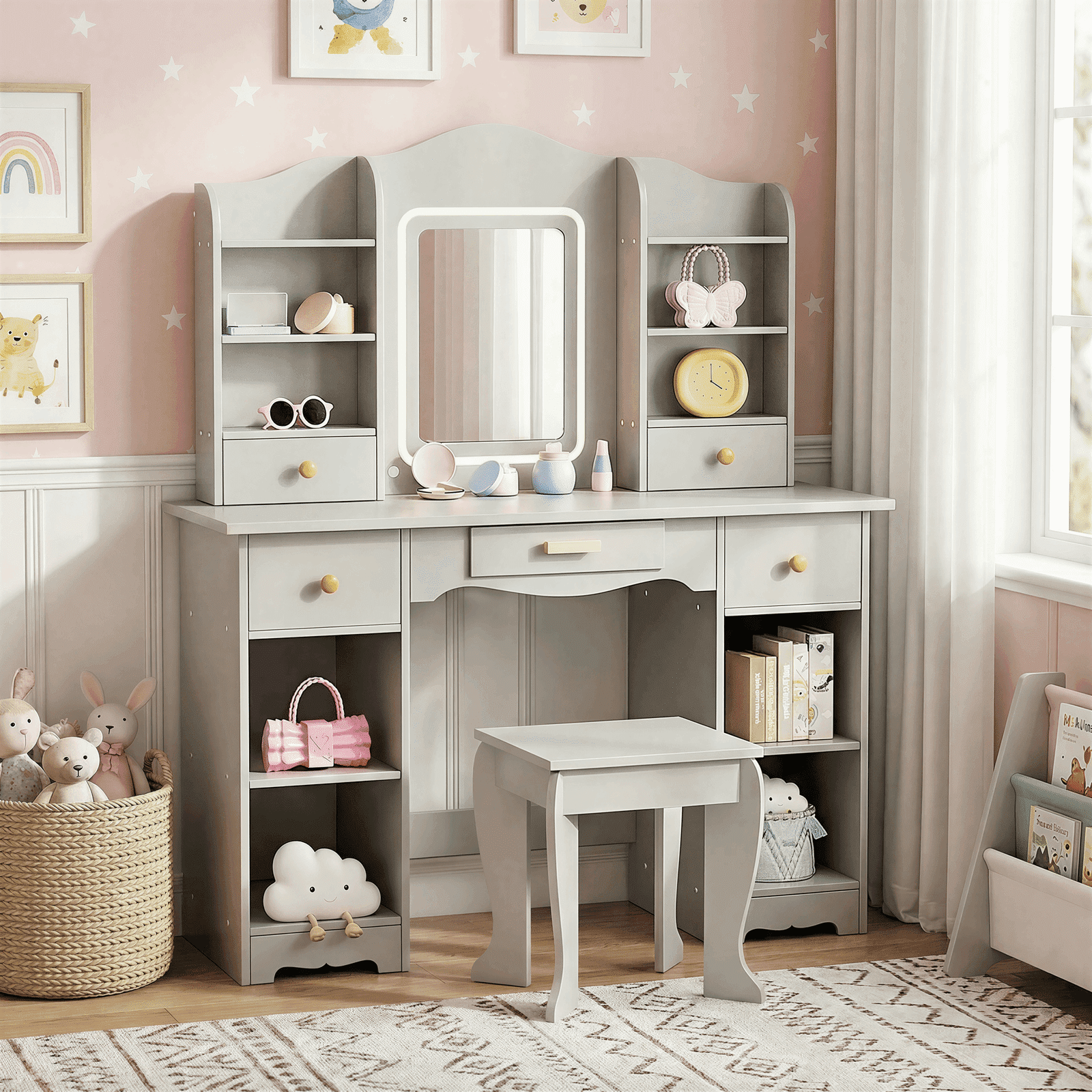 TLSUNNY Kids Vanity with Lights, Princess Makeup Vanity Desk W/ Open