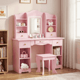 thumbnail image 1 of TLSUNNY Kids Vanity and Stool Set with Lights, Princess Vanity Set, W/ Shelves, Drawer, Mirror, Wooden Pretend Play Makeup Desk for Girls, 1 of 12