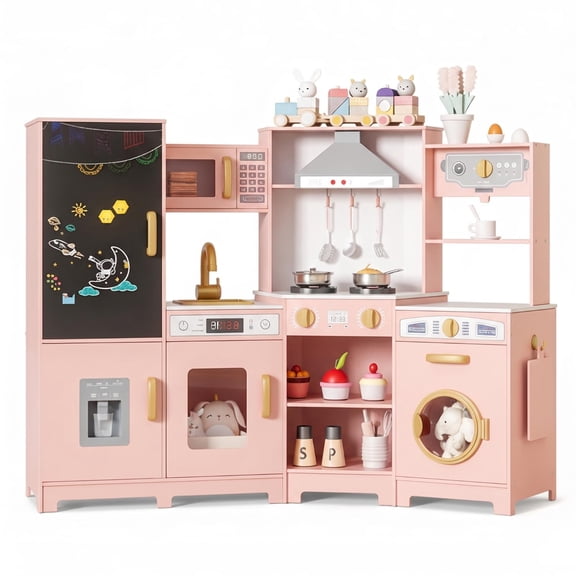 TLSUNNY Kids Wooden Play Kitchen Set, W/ Chalk Board, Light & Sound, Range Hood, Faucet & Accessories, Toddler Pretend Play Kitchen Set for Gifts