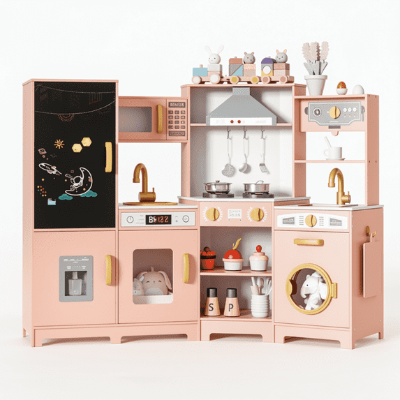 TLSUNNY Kids Wooden Play Kitchen Set, W/ Chalk Board, Light & Sound, Range Hood, Faucet & Accessories, Toddler Pretend Play Kitchen Set for Gifts