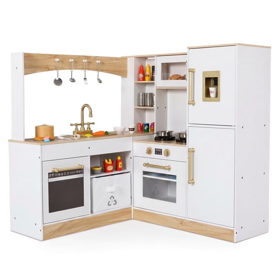 TLSUNNY Kids Wooden Play Kitchen, Toddlers Corner Kitchen Playset w/ Lights & Sounds, Sink, Fridge, Microwave & Storage, for Ages 3+