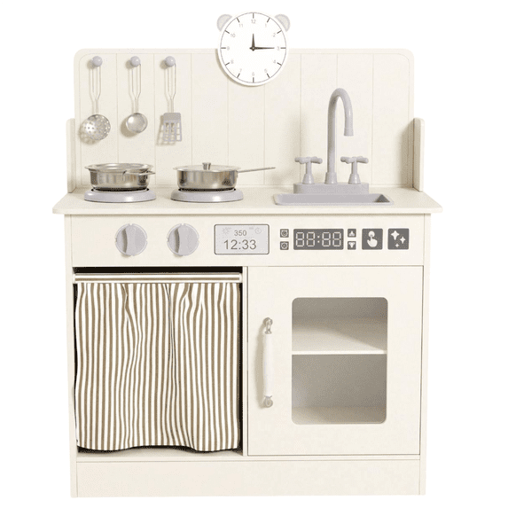 TLSUNNY Kids Wooden Play Kitchen, w/ Sink, Stove, Knobs and Curtained Cabinet, Pefect Height for Toddlers