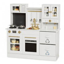 TLSUNNY Kids Wooden Play Kitchen with Lights & Sounds, Sink, Microwave & Fabric Boxes,Pretend Cooking Toy for Toddlers, White
