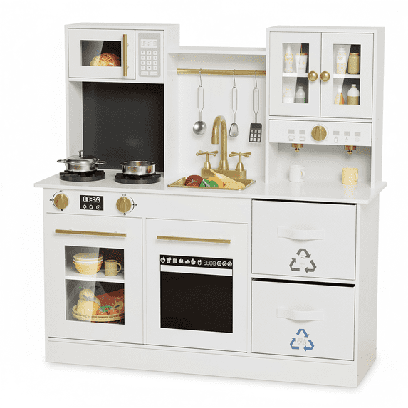 TLSUNNY Kids Wooden Play Kitchen with Lights & Sounds, Sink, Microwave & Fabric Boxes,Pretend Cooking Toy for Toddlers, White