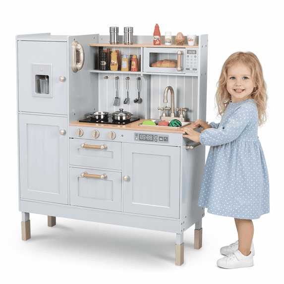 TLSUNNY Kids Wooden Play Kitchen, with Realistic Lights & Sound, Sink, Stove, Microwave & Phone, Toddler Toy Gift