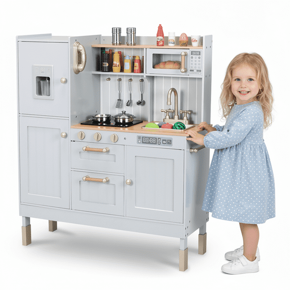 TLSUNNY Kids Wooden Play Kitchen, with Realistic Lights & Sound, Includes Sink, Stove,  Microwave & phone, Toddler Toy Gift for Ages 3+ , Gray