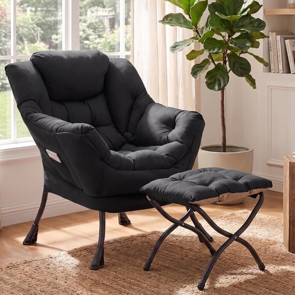 TLSUNNY Lazy Chair with Foldable Ottoman, Modern Comfy Lounge Chair, Large Sofa Armchair with Footrest and a Side Pocket, Reading Chair with Footstool for Bedroom, Living Room, Dorm