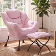TLSUNNY Lazy Chair with Foldable Ottoman, Modern Comfy Lounge Chair, Large Sofa Armchair with Footrest and a Side Pocket, Reading Chair with Footstool for Bedroom, Living Room, Dorm