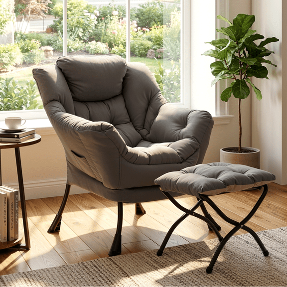 TLSUNNY Lazy Chair with Ottoman, Comfy Lounge Chair, Oversized Reading Armchair with Folding Footrest & Side Pocket for Living Room, Bedroom, Office