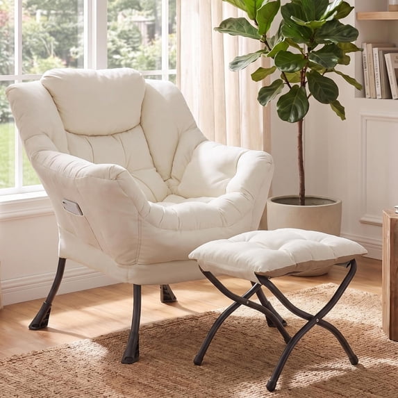 TLSUNNY Lazy Chair with Ottoman, Comfy Lounge Chair, Oversized Reading Armchair with Folding Footrest & Side Pocket for Living Room, Bedroom, Office