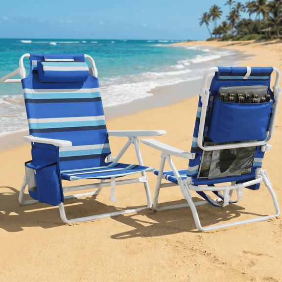 TLSUNNY Low Beach Chair Set of 2, 5-Position Lay Flat Backpack Beach Chair with Cooler and Cup Holder, Portable Folding Beach Chair for Tanning