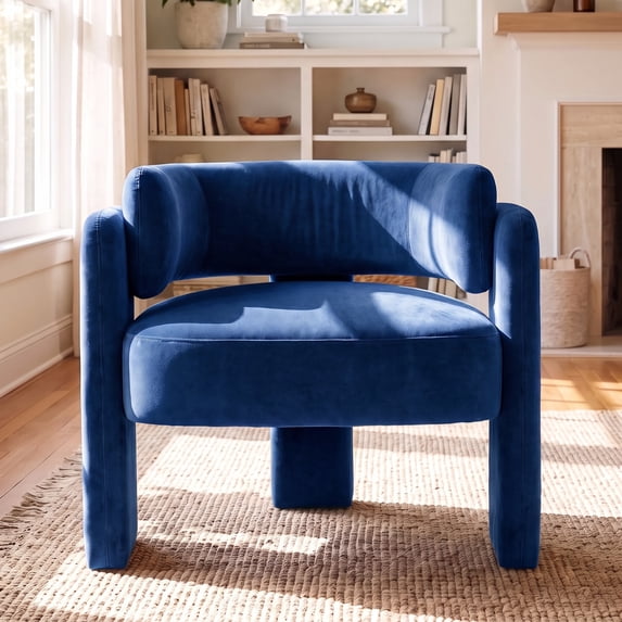 TLSUNNY Modern Accent Barrel Chair, Velvet Upholstered Armchair with 3 Legs, Comfy Leisure Reading Chair for Dining/Living Room/Bedroom, Blue