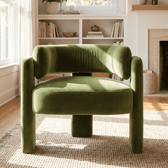 TLSUNNY Modern Accent Barrel Chair, Velvet Upholstered Armchair with 3 Legs, Comfy Leisure Reading Chair for Dining/Living Room/Bedroom, Olive Green