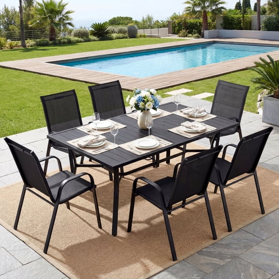 TLSUNNY Outdoor Dining Set, Patio Metal Table and 6 Chairs Set, W/ Umbrella Hole, Stackable Chairs, Outdoor Furniture for Backyard, Porch, Garden