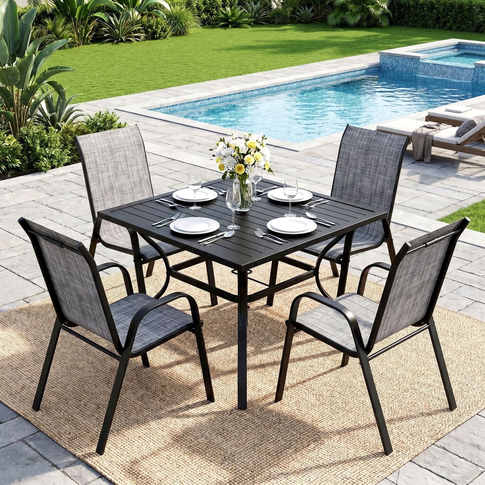 TLSUNNY Outdoor Dining Set of 5, Patio Furniture Set on Sale, Square Metal Table with Umbrella Hole & Foot Pads, 4 Stackable Textilene Chairs