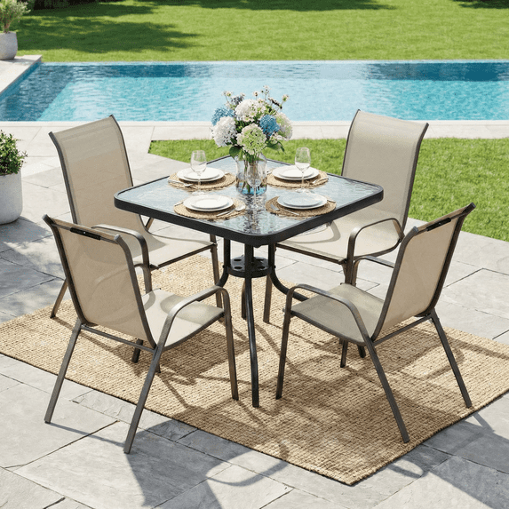 TLSUNNY Outdoor Dining Set of 5, Square Glass Table with Umbrella Hole and 4 Stackable Textilene Chairs, for Patio, Backyard, Porch, Lawn
