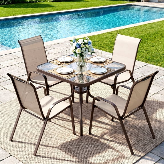 TLSUNNY Patio Furniture Set on Sale, Outdoor Dining Set of 5, Square Glass Table with Umbrella Hole and 4 Stackable Textilene Chairs, for Patio, Backyard, Porch, Lawn